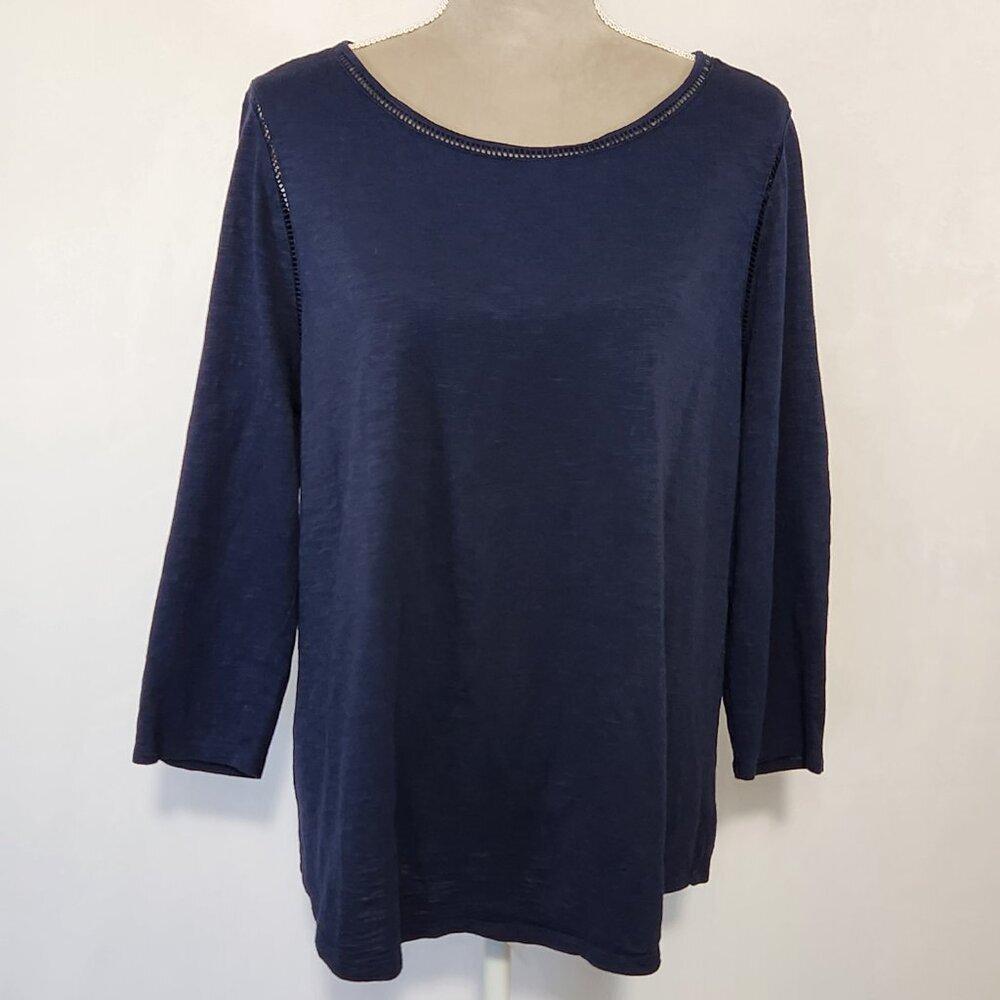 Chicos The Ultimate Tee Women Size 2 Navy Blue Long Sleeve Trim Accent Knit Top